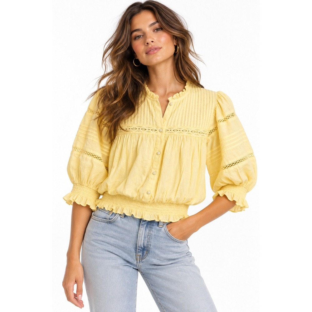 HM Pastel Yellow Cotton Lace Pintuck Smocked Hem Blouse Medium NWT